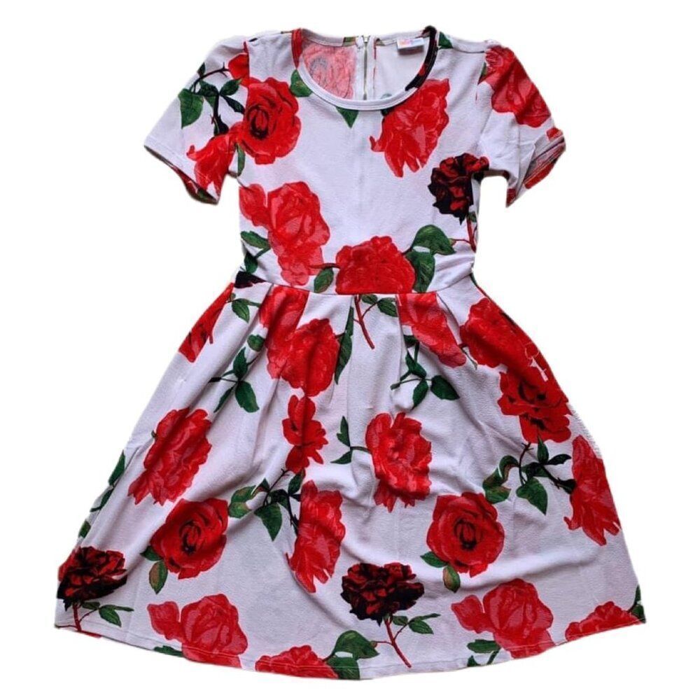 NEW M LuLaRoe Amelia Dress Floral Red White Preppy Pleats Pockets 90s Zipper